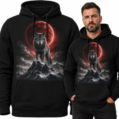 Bluza męska z kapturem z wilkiem i czerwonym księżycem - mroczne fantasy
