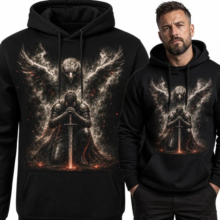 Bluza męska z kapturem - klęczący rycerz z mieczem i widmowy orzeł