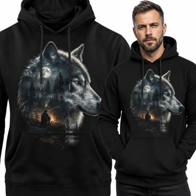 Bluza męska z kapturem - wilk, nocny las i pełnia księżyca