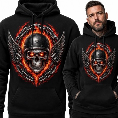 Bluza męska z kapturem z płonącą czaszką - mechaniczne skrzydła i łańcuchy
