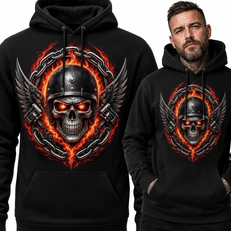 Bluza męska z kapturem z płonącą czaszką - mechaniczne skrzydła i łańcuchy