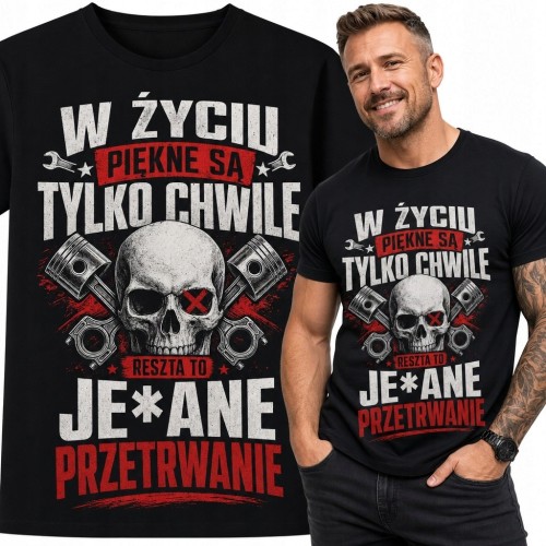 Koszulka męska z czaszką i napisem „W życiu piękne są tylko chwile” - mechaniczny motyw