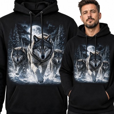 Bluza męska z kapturem - trzy wilki w zimowym lesie