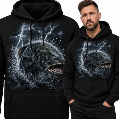 Bluza męska z kapturem - potężny sum wśród fal i błyskawic