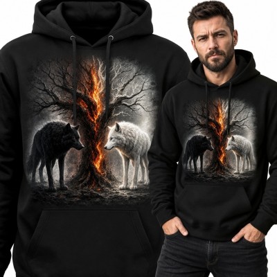 Bluza męska z kapturem - czarny i biały wilk przy płonącym drzewie
