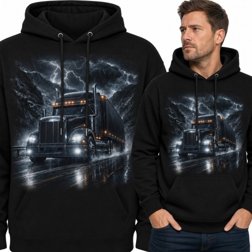 Bluza męska z kapturem - ciężarówka na nocnej trasie w burzy