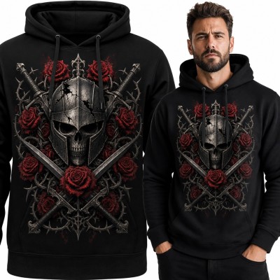 Bluza męska z kapturem - czaszka rycerza, miecze i czerwone róże