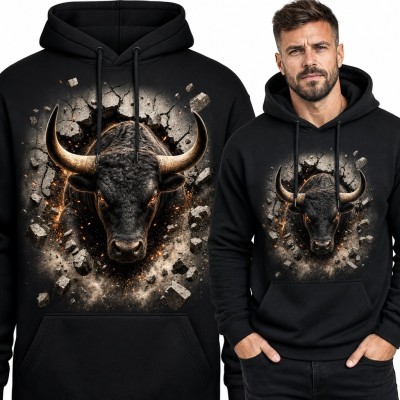 Bluza męska z kapturem - realistyczny byk przebijający ścianę