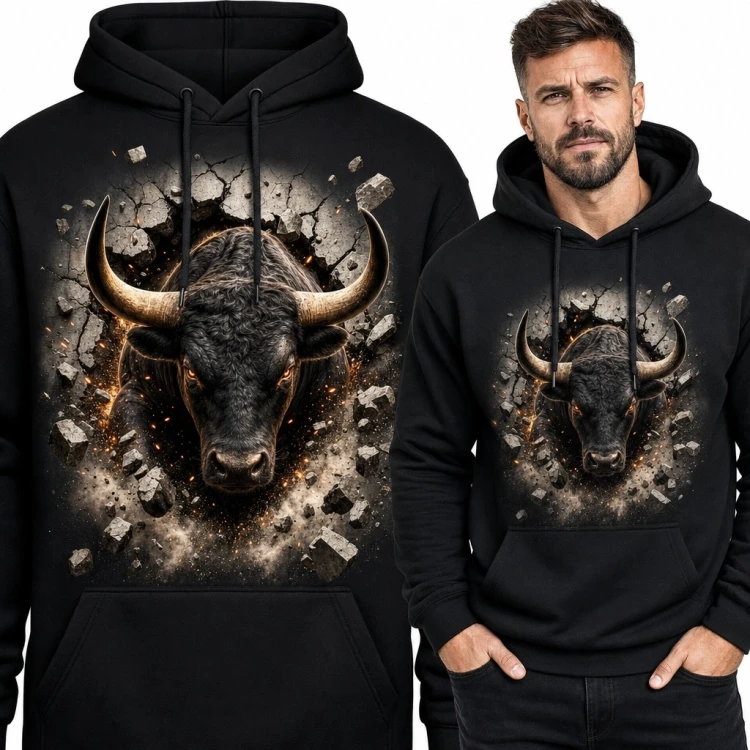 Bluza męska z kapturem - realistyczny byk przebijający ścianę