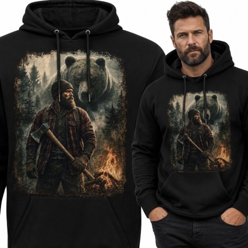 Bluza męska z kapturem - drwal z siekierą i niedźwiedź w lesie