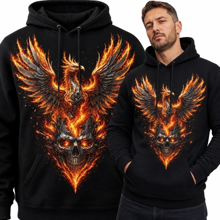 Bluza męska z kapturem - ognisty feniks nad płonącą czaszką