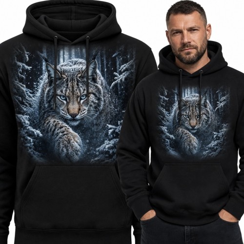 Bluza męska z kapturem z rysiem w ośnieżonym lesie