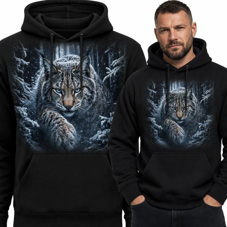 Bluza męska z kapturem z rysiem w ośnieżonym lesie