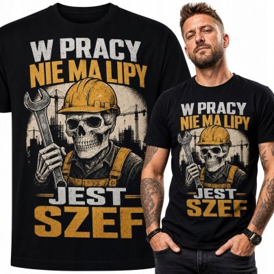 Koszulka męska dla budowlańca „W pracy niema lipy jest szef” - szkielet z kluczem