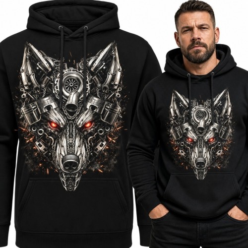Bluza męska z kapturem - mechaniczny wilk z elementów silnika
