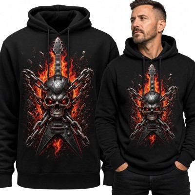 Bluza męska z kapturem - płonąca czaszka z gitarą elektryczną