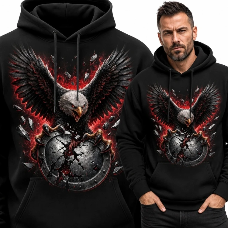Bluza męska z kapturem - bielik nad pękniętą metalową tarczą w kształcie serca