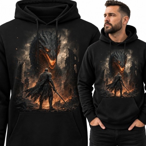Bluza męska z kapturem - wojownik naprzeciw ogromnego smoka