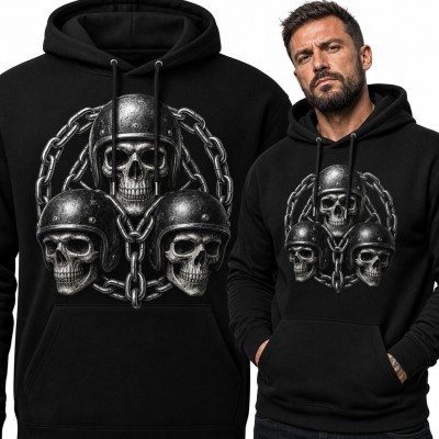 Bluza męska z kapturem - trzy czaszki w hełmach i ciężki łańcuch