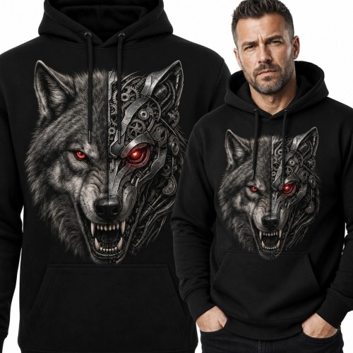 Bluza męska z kapturem - wilk-cyborg o czerwonych oczach