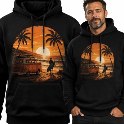 Bluza męska z kapturem - surfer, retro van i zachód słońca