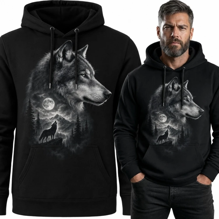 Bluza męska z kapturem - wilk na tle nocnego górskiego lasu