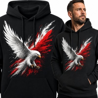 Bluza męska z kapturem z orłem w locie - biało-czerwony motyw