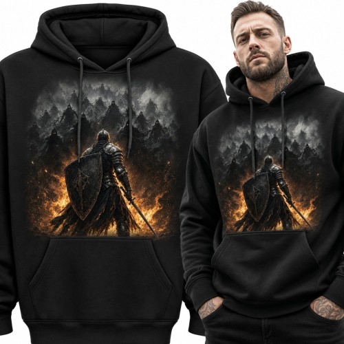 Bluza męska z kapturem - wojownik w płonącym lesie dark fantasy