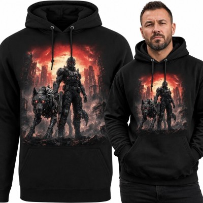Bluza męska z kapturem - postapokaliptyczny wojownik i robotyczny pies