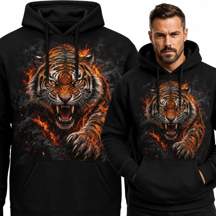 Bluza męska z kapturem - ryczący tygrys w ogniu i dymie