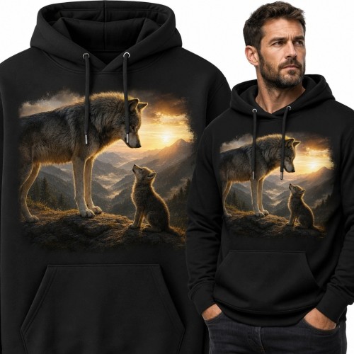 Bluza męska z kapturem - wilk ze szczenięciem w górach