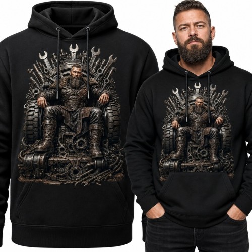 Bluza męska z kapturem - brodaty wojownik na mechanicznym tronie