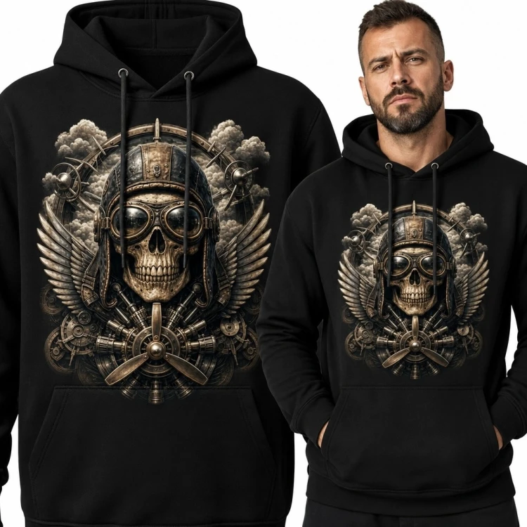 Bluza męska z kapturem z czaszką pilota - steampunkowe skrzydła i śmigło