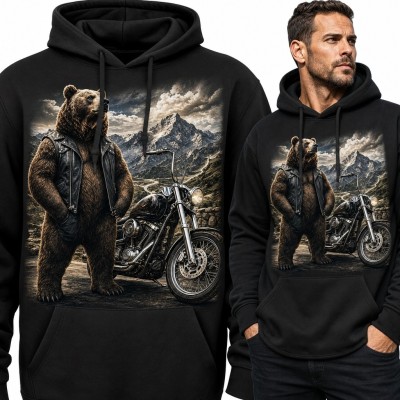 Bluza męska z kapturem - niedźwiedź-biker przy motocyklu cruiser na tle gór