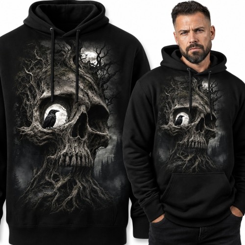 Bluza męska z kapturem - czaszka z drzewa i kruk