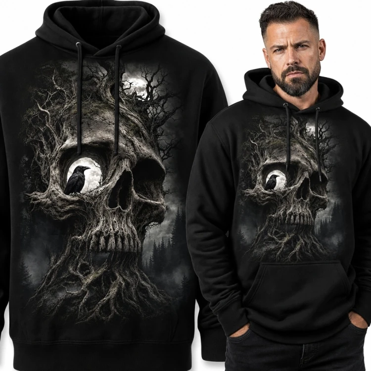 Bluza męska z kapturem - czaszka z drzewa i kruk