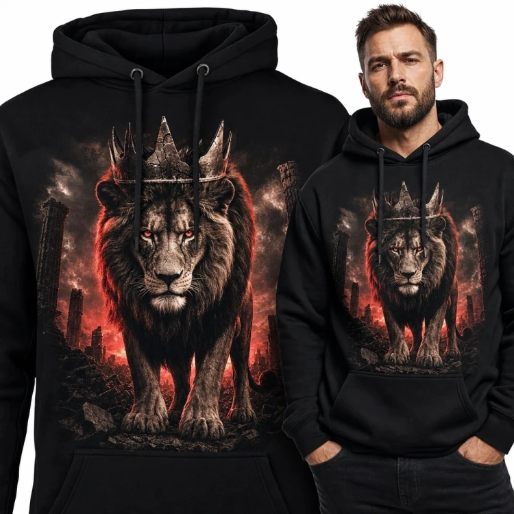 Bluza męska z kapturem - koronowany lew w płonących ruinach
