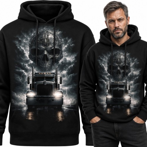 Bluza męska z kapturem - ciężarówka, czaszka i burza