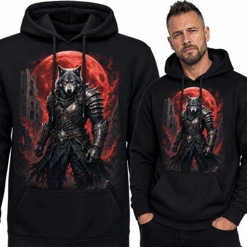 Bluza męska z kapturem - wilczy wojownik i czerwony księżyc