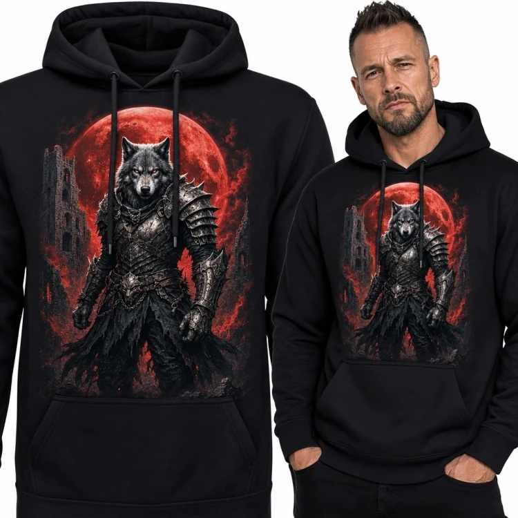 Bluza męska z kapturem - wilczy wojownik i czerwony księżyc