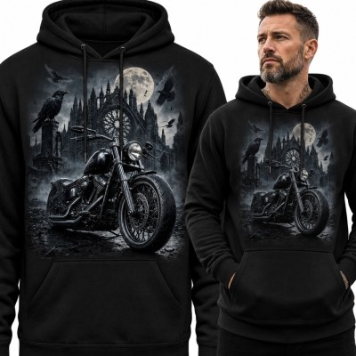 Bluza męska z kapturem - motocykl cruiser przed gotycką katedrą