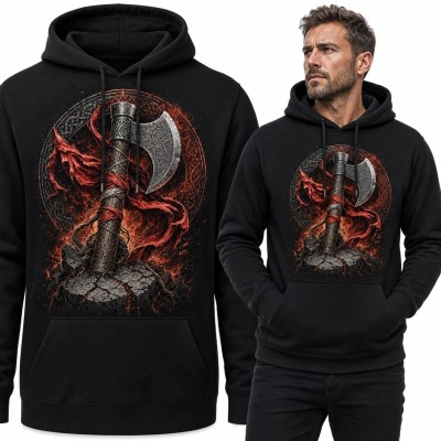 Bluza męska z kapturem ze smokiem i toporem bojowym - mroczne fantasy