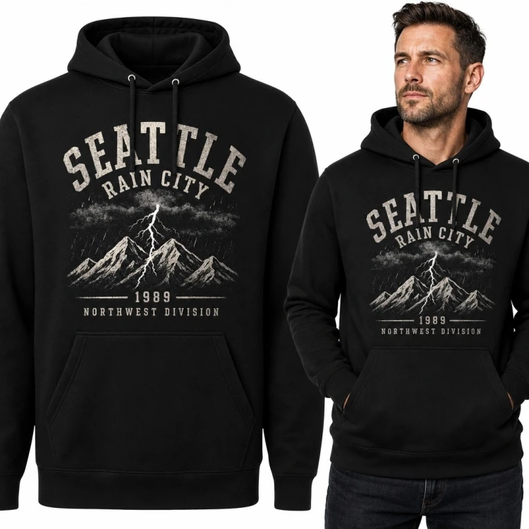 Bluza męska z kapturem „Seattle” z panoramą gór i napisem „Rain City”