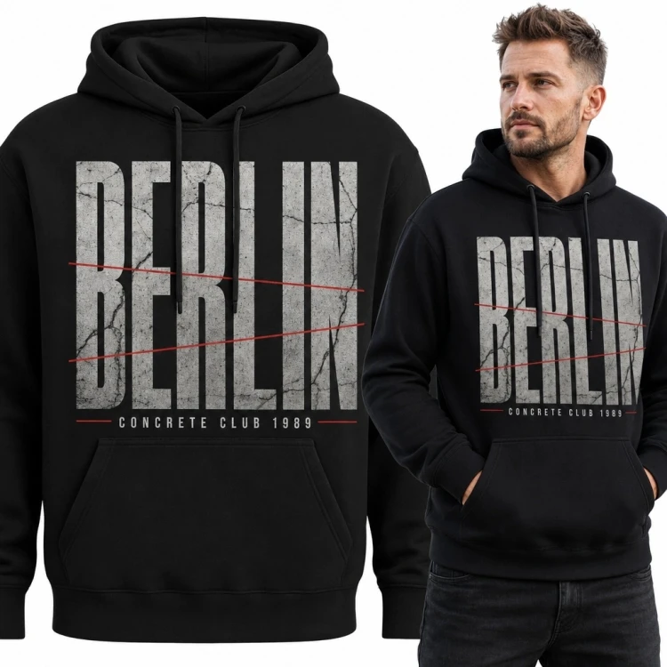 Bluza męska z kapturem z industrialnym nadrukiem „Berlin” - miejski streetwear