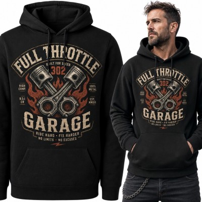 Bluza męska z kapturem „Full Throttle Garage” - skrzyżowane tłoki i płomienie