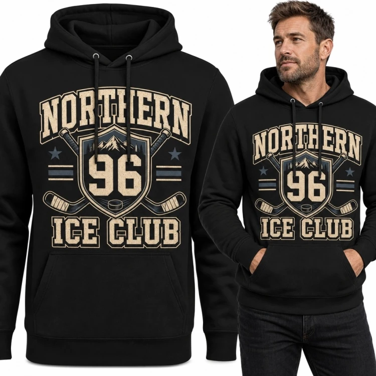 Bluza męska z kapturem z emblematem hokejowym „Northern Ice Club” - retro 96
