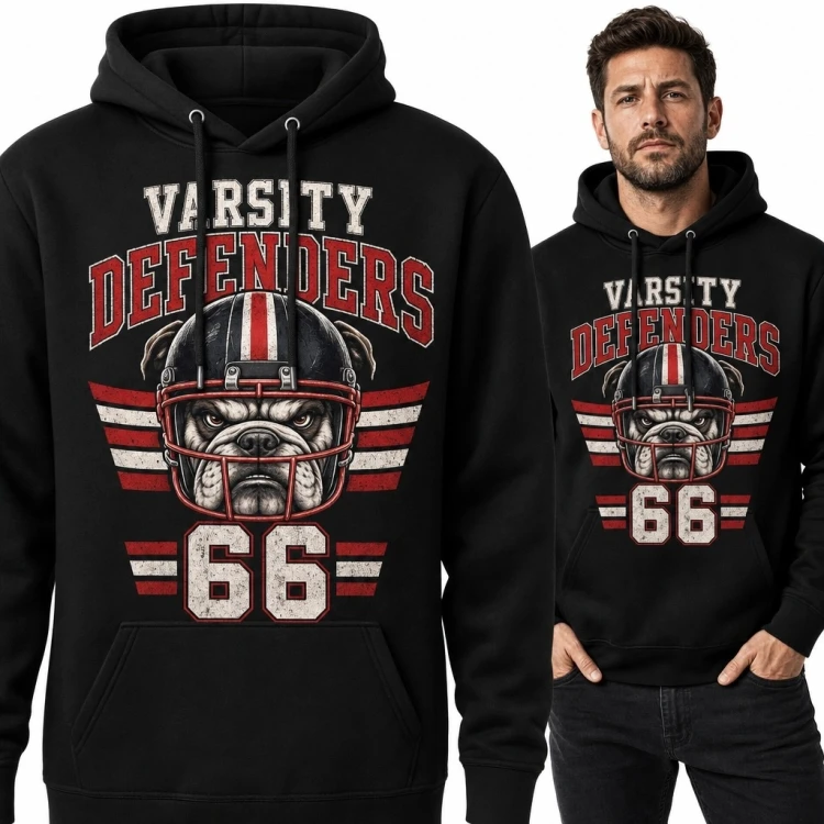 Bluza męska z kapturem z buldogiem w kasku futbolowym „Varsity Defenders” - numer 66