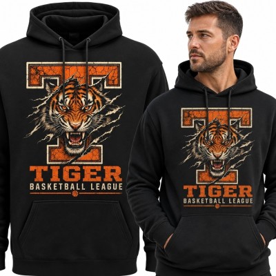 Bluza męska z kapturem z tygrysem „Tiger Basketball League” - koszykarski styl varsity