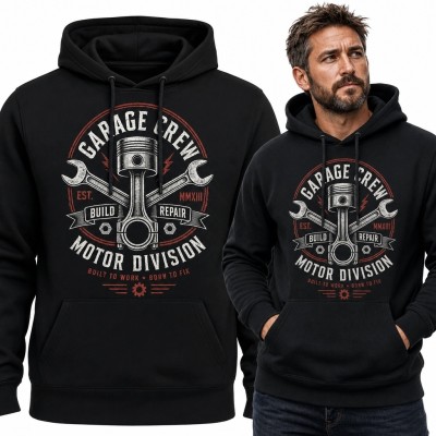 Bluza męska z kapturem dla mechanika „Garage Crew” - tłok i skrzyżowane klucze