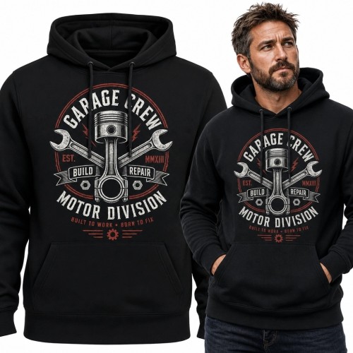 Bluza męska z kapturem dla mechanika „Garage Crew” - tłok i skrzyżowane klucze